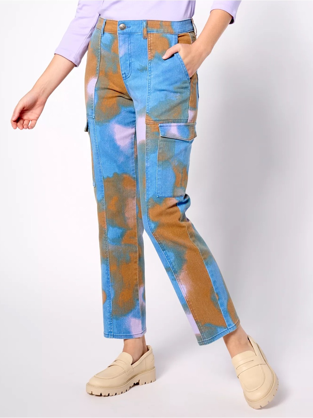 Logo Lori Goldstein Printed Straight Leg Cargo Jeans Women 20 Watercolor Camo